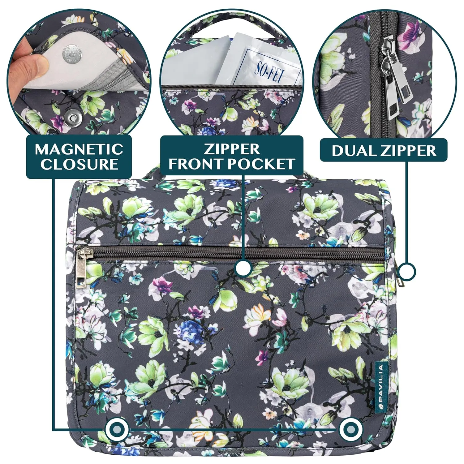 PAVILIA Hanging Toiletry Bag Women Men, Foldable Cosmetic Organizer Travel Bag, Water Resistant Makeup Bag Toiletries, Large Travel Essentials Kit (Grey Floral)
