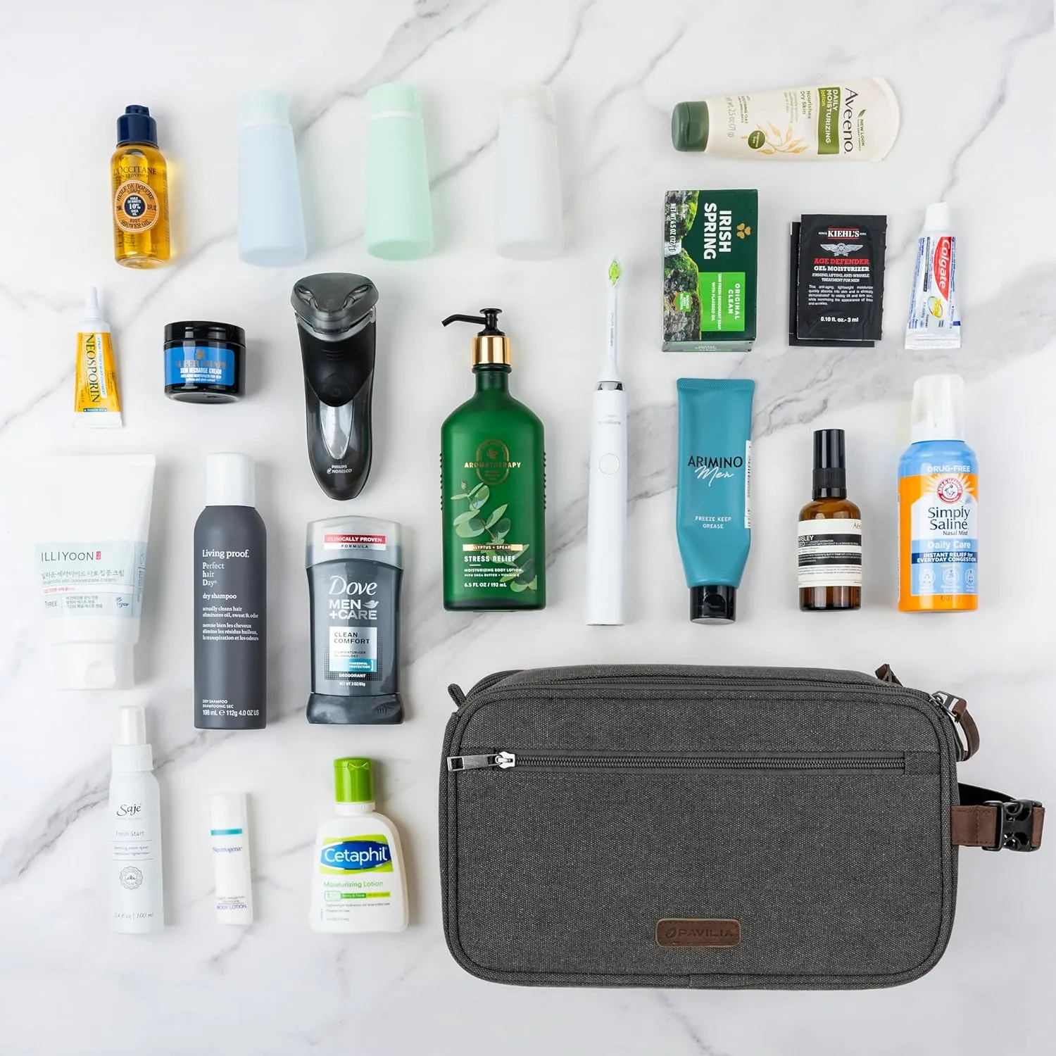 PAVILIA Toiletry Bag for Men Women, Canvas Travel Dopp Kit, Water Resistant Hygiene Bag Toiletries Organizer, Shaving Kit Travel Accessories Bag, Grey, Extra Large