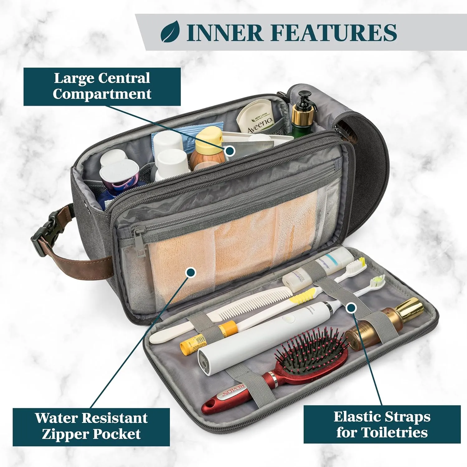 PAVILIA Toiletry Bag for Men Women, Canvas Travel Dopp Kit, Water Resistant Hygiene Bag Toiletries Organizer, Shaving Kit Travel Accessories Bag, Grey, Extra Large