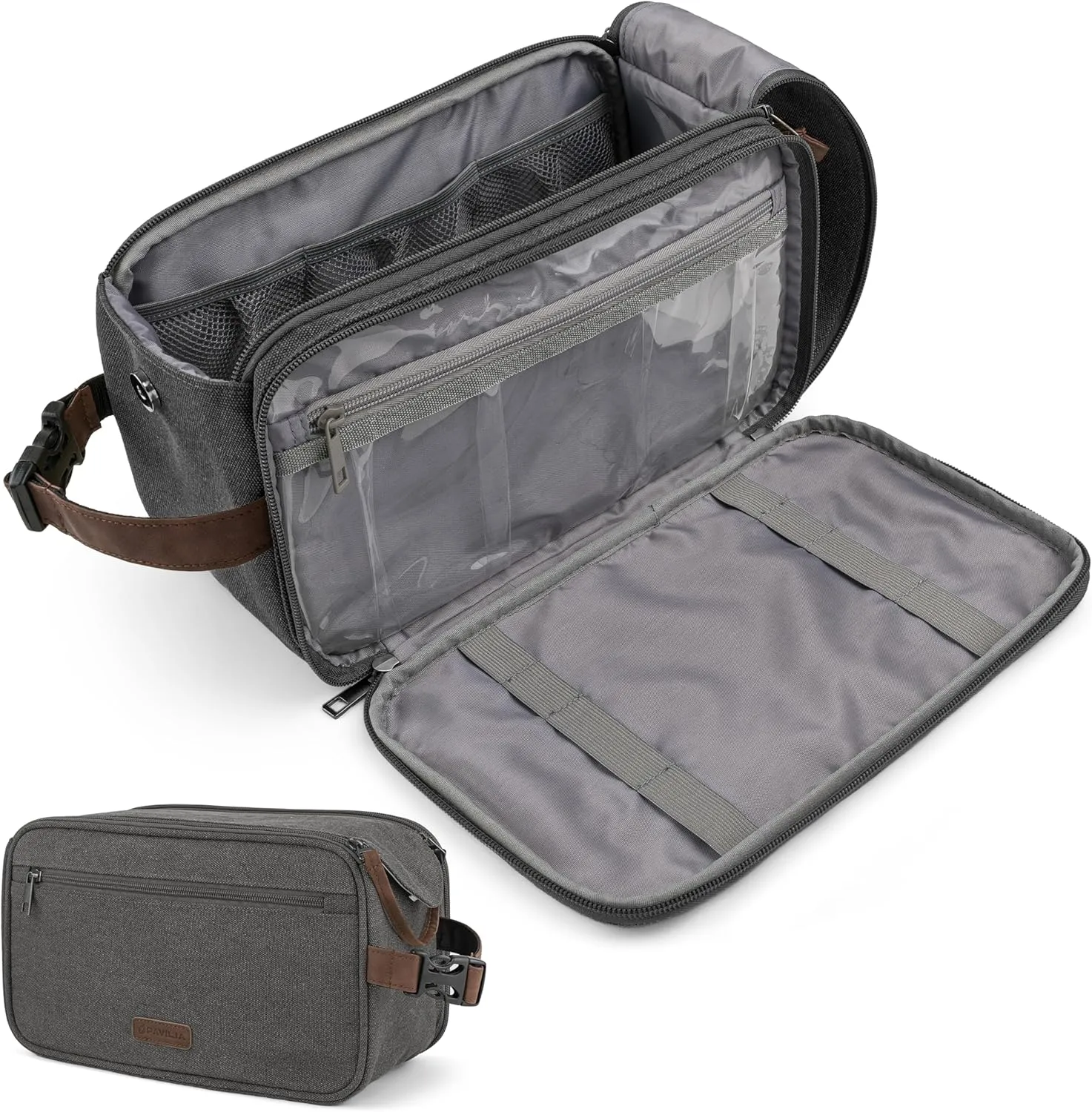 PAVILIA Toiletry Bag for Men Women, Canvas Travel Dopp Kit, Water Resistant Hygiene Bag Toiletries Organizer, Shaving Kit Travel Accessories Bag, Grey, Extra Large