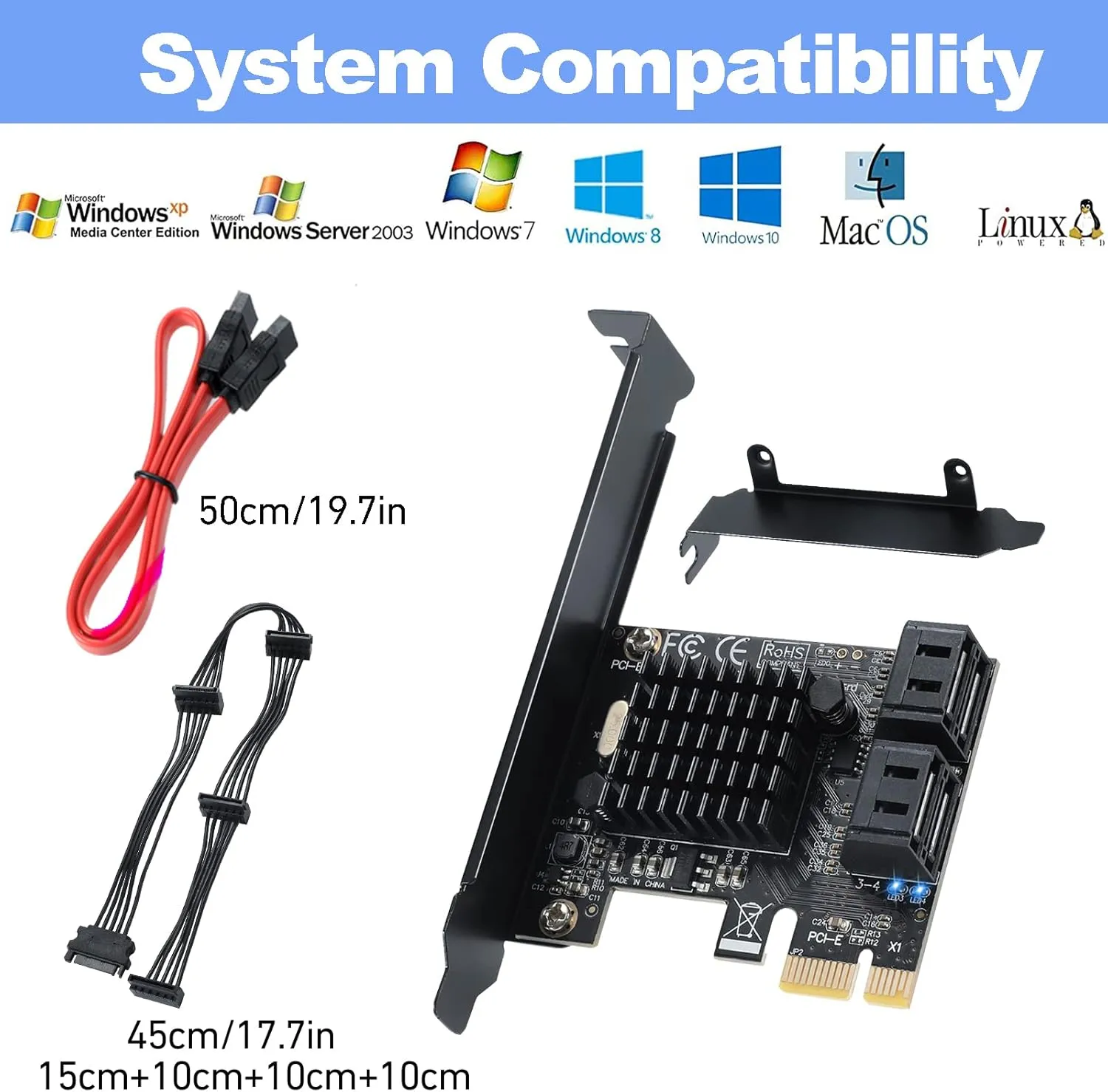 PCI-E X1 to SATA 3.0 Controller Card, 4-Port SATA III 6Gbps Expansion Cards, Supports PCI-Express (1X 4X 8X 16X) Slot, Support SSD and HDD, for Windows10/7/8/XP/Vista/linux