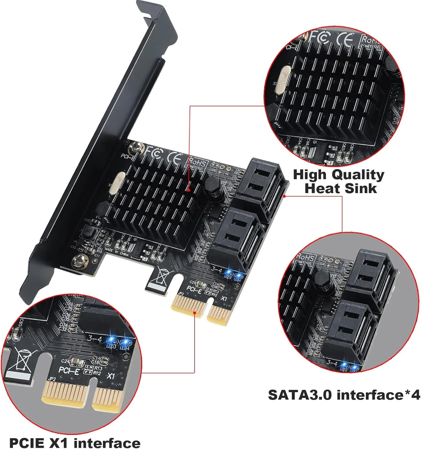 PCI-E X1 to SATA 3.0 Controller Card, 4-Port SATA III 6Gbps Expansion Cards, Supports PCI-Express (1X 4X 8X 16X) Slot, Support SSD and HDD, for Windows10/7/8/XP/Vista/linux