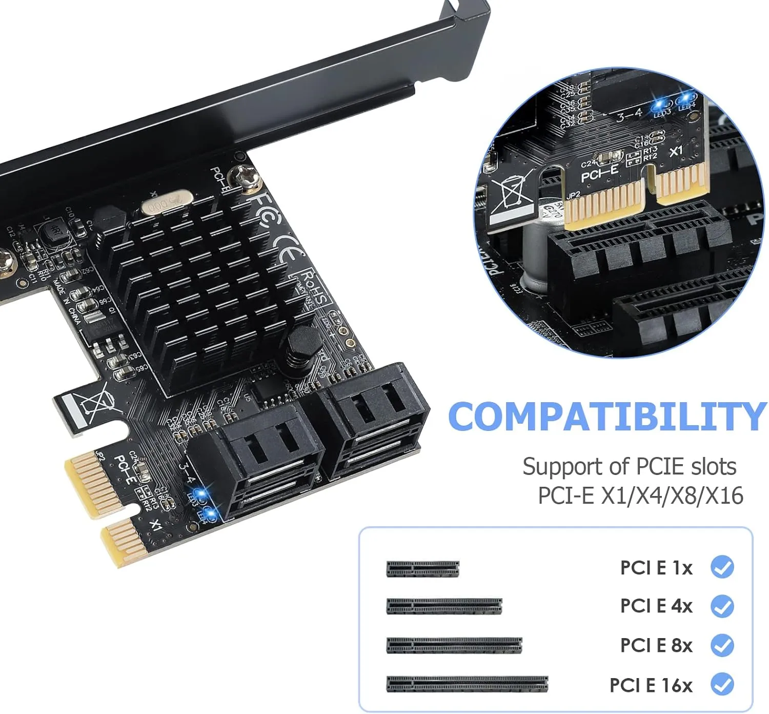 PCI-E X1 to SATA 3.0 Controller Card, 4-Port SATA III 6Gbps Expansion Cards, Supports PCI-Express (1X 4X 8X 16X) Slot, Support SSD and HDD, for Windows10/7/8/XP/Vista/linux