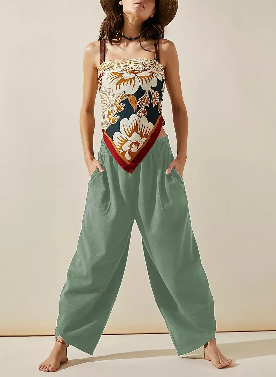 Peaceglad Cotton Linen Harem Pants with Pockets Palazzo Pants for Women Causal Cropped Wide Leg Trousers