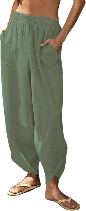 Peaceglad Cotton Linen Harem Pants with Pockets Palazzo Pants for Women Causal Cropped Wide Leg Trousers