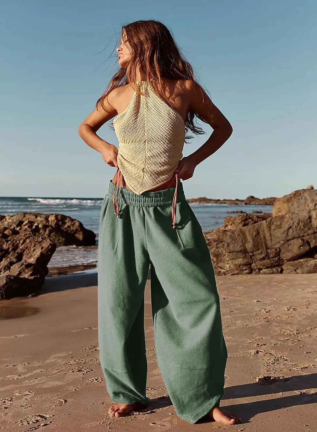 Peaceglad Cotton Linen Harem Pants with Pockets Palazzo Pants for Women Causal Cropped Wide Leg Trousers