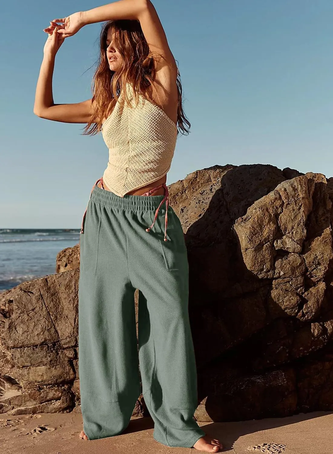 Peaceglad Cotton Linen Harem Pants with Pockets Palazzo Pants for Women Causal Cropped Wide Leg Trousers