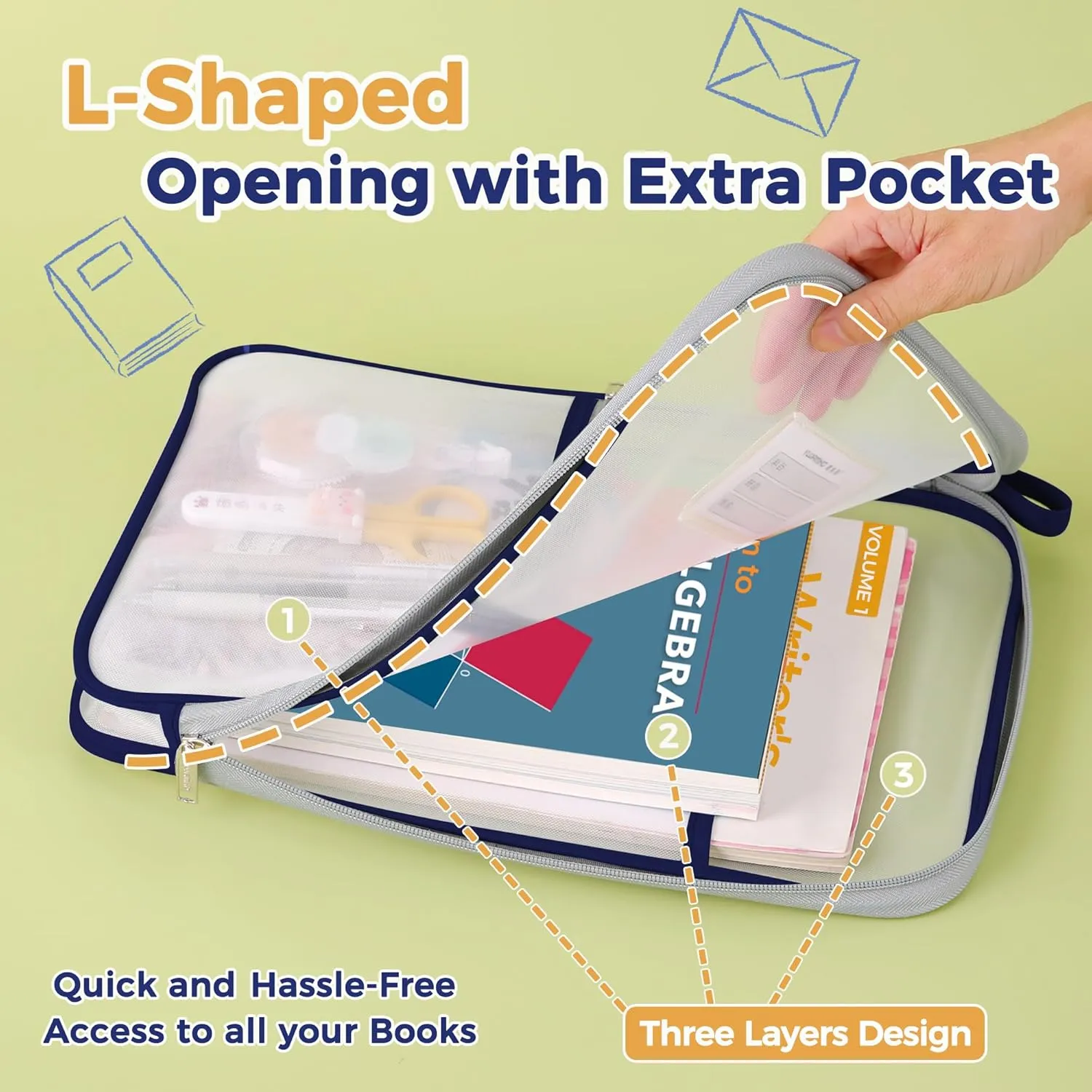 Pendancy Mesh Zipper Pouch 14.8x10.8 in Transparent Lightweight Nylon File Folders, A4 Size Multi-Layer Subject Document Organizer Accessories Storage Bag for Office and School Supplies(4 PCS)