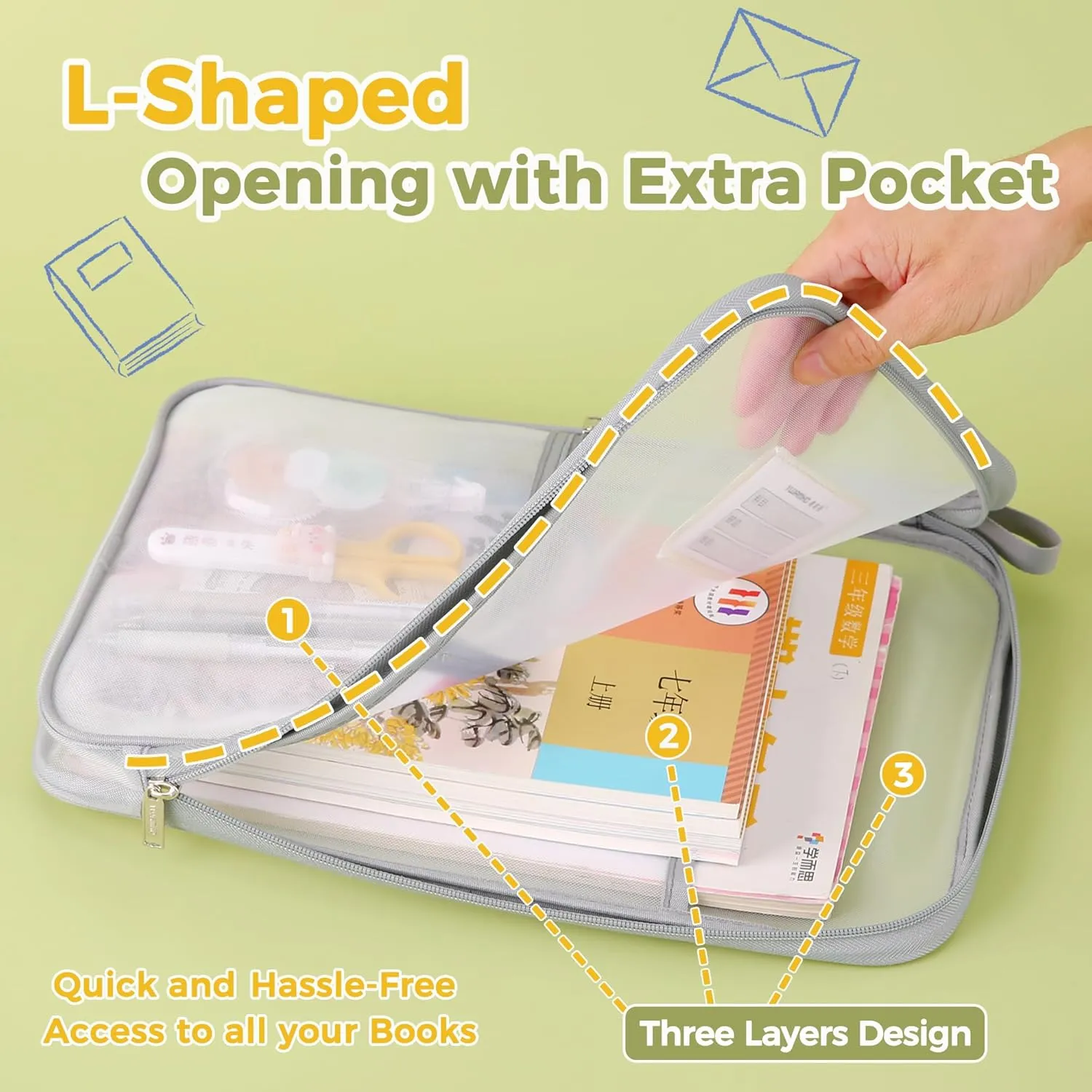Pendancy Mesh Zipper Pouch 14.8x10.8 in Transparent Lightweight Nylon File Folders, A4 Size Multi-Layer Subject Document Organizer Accessories Storage Bag for Office and School Supplies(4 PCS)
