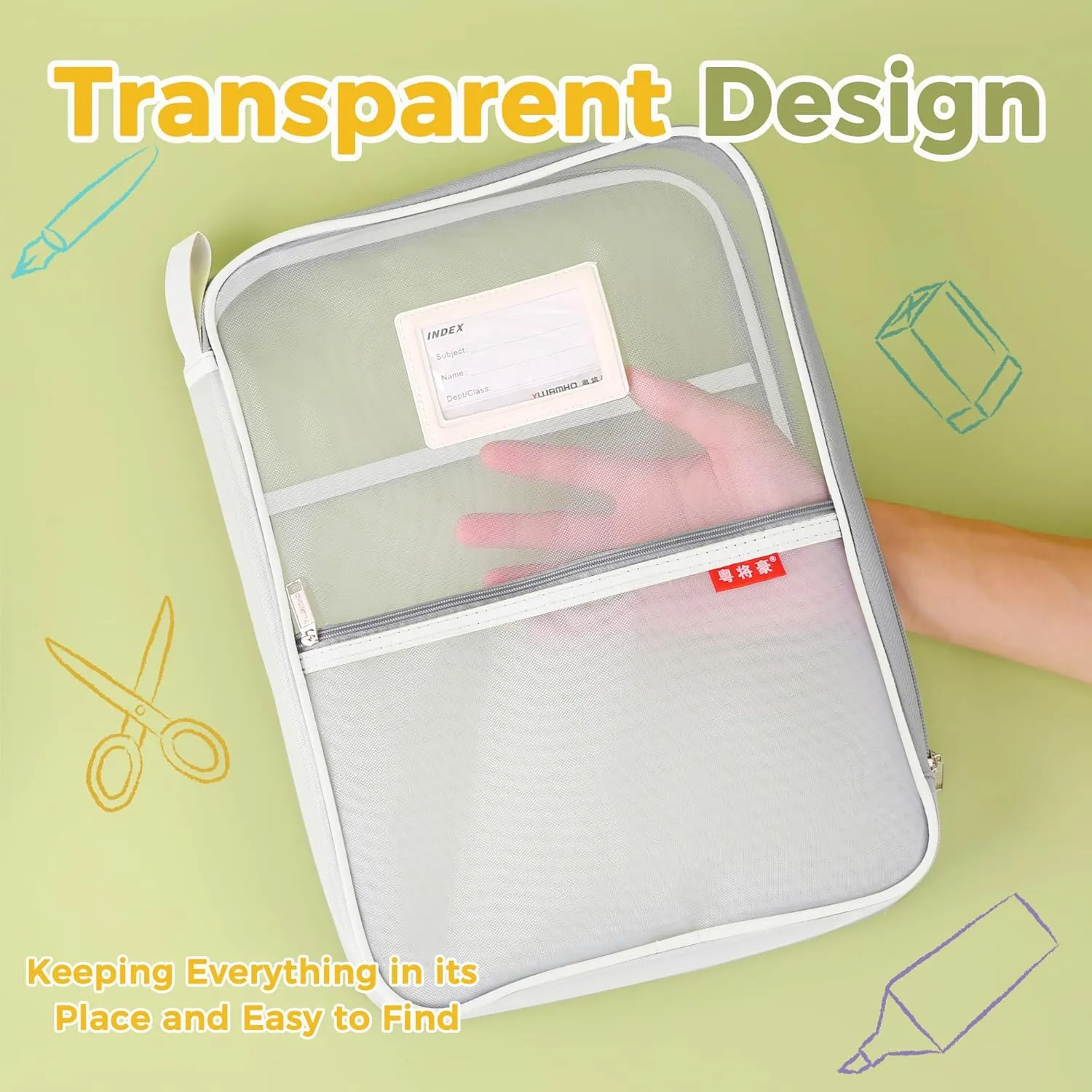 Pendancy Mesh Zipper Pouch 14.8x10.8 in Transparent Lightweight Nylon File Folders, A4 Size Multi-Layer Subject Document Organizer Accessories Storage Bag for Office and School Supplies(4 PCS)