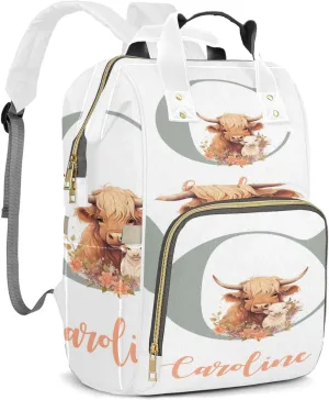 Personalized Diaper Backpack with Name, Custom Highland Cow Baby Backpack Diaper Bag, Boy Girl Multifunctional Mommy Bag