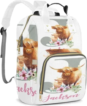 Personalized Diaper Backpack with Name, Custom Highland Cow Baby Backpack Diaper Bag, Boy Girl Multifunctional Mommy Bag
