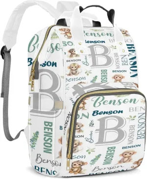 Personalized Diaper Backpack with Name, Custom Monkey Baby Backpack Diaper Bag, Boy Girl Multifunctional Mommy Bag