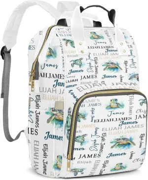 Personalized Diaper Backpack with Name, Custom Sea Turtle Baby Backpack Diaper Bag, Boy Girl Multifunctional Mommy Bag