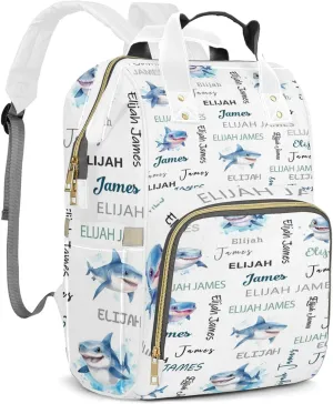 Personalized Diaper Backpack with Name, Custom Shark Baby Backpack Diaper Bag, Boy Girl Multifunctional Mommy Bag