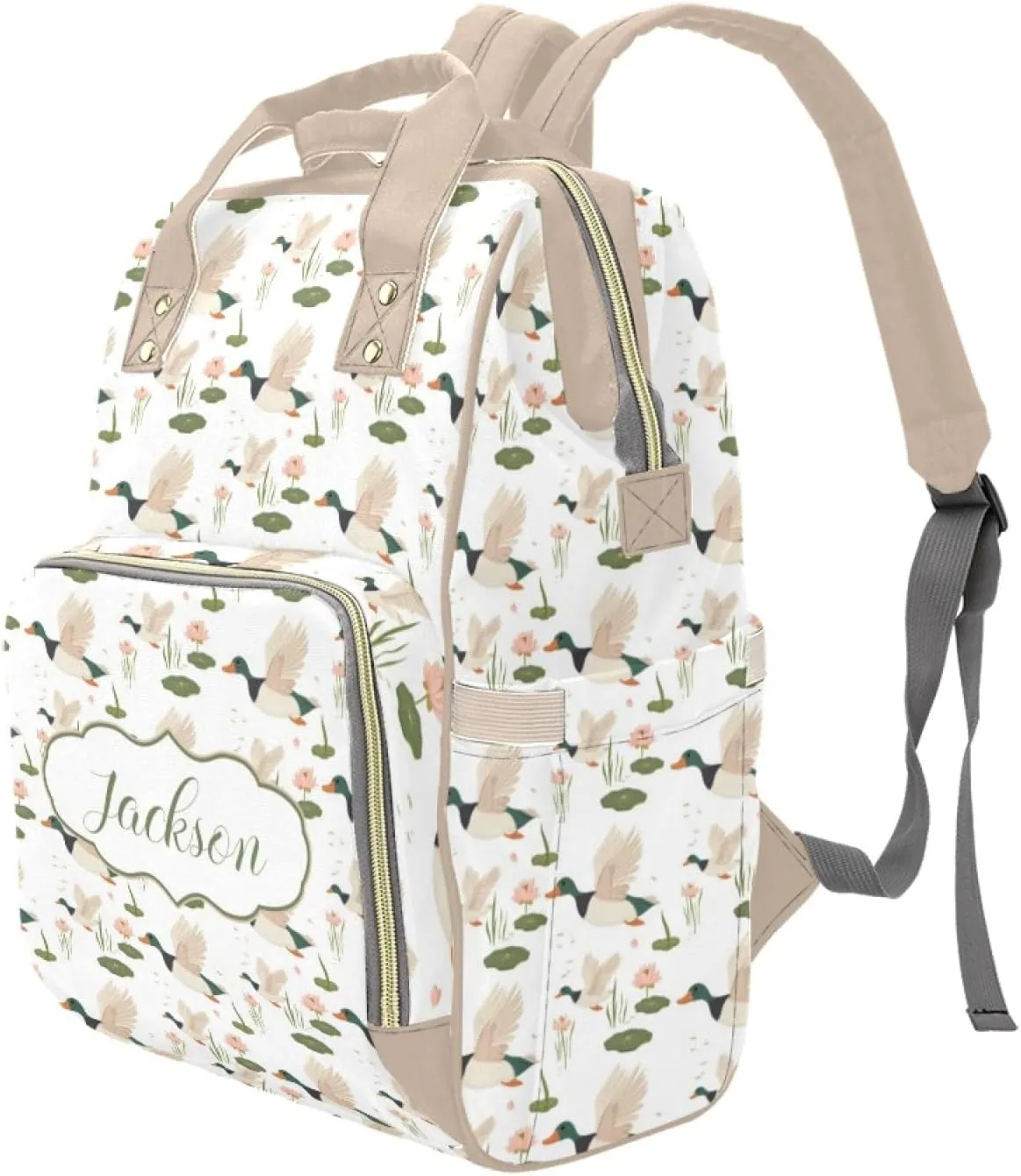 Personalized Diaper Bag Backpack for Women, Custom Mallard Duck Mommy Daypack with Name, Wild Duck Diaper Backpack, Baby Nursing Bag for Girls Boys, Gifts for New Mom