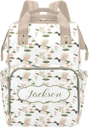 Personalized Diaper Bag Backpack for Women, Custom Mallard Duck Mommy Daypack with Name, Wild Duck Diaper Backpack, Baby Nursing Bag for Girls Boys, Gifts for New Mom