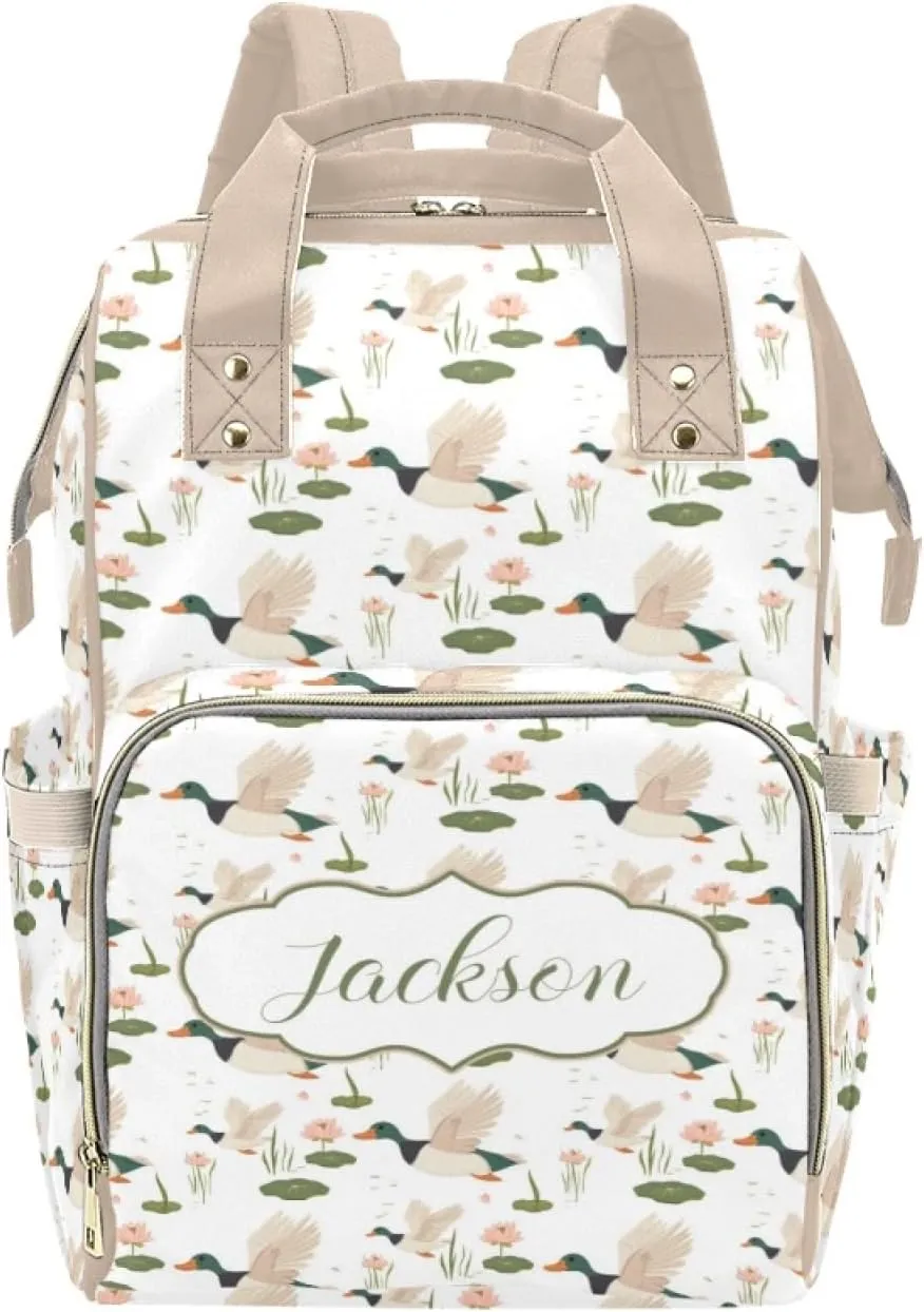 Personalized Diaper Bag Backpack for Women, Custom Mallard Duck Mommy Daypack with Name, Wild Duck Diaper Backpack, Baby Nursing Bag for Girls Boys, Gifts for New Mom