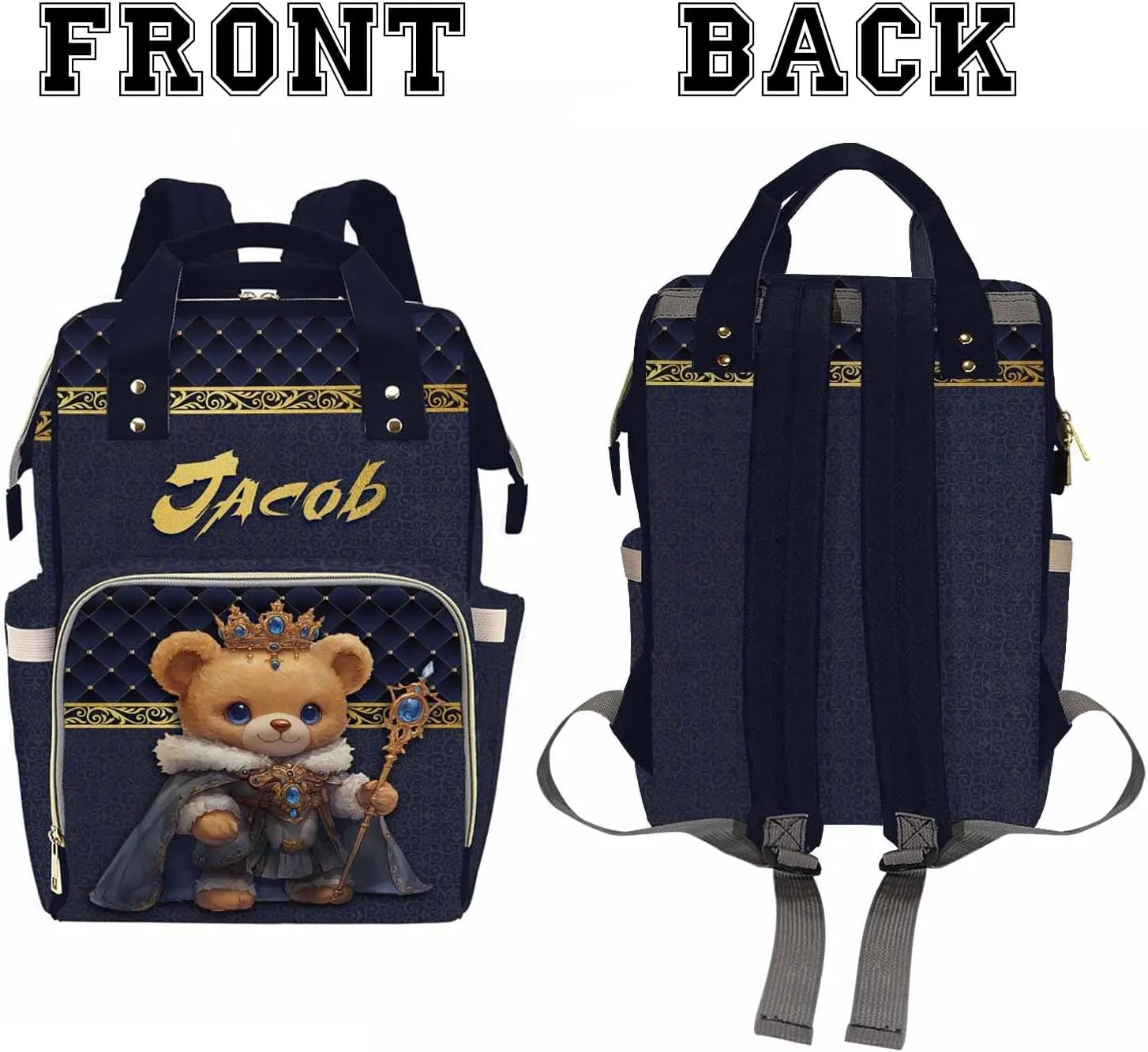 Personalized Diaper Bag Backpack Noble Bear Blue Black Baby Bags with Name Waterproof Personalized Name Handbag Adjustable Shoulder Straps for Newborn Baby Boys Girls New Mom Dad