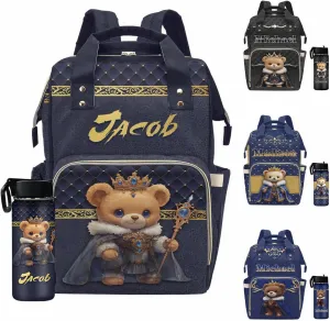 Personalized Diaper Bag Backpack Noble Bear Blue Black Baby Bags with Name Waterproof Personalized Name Handbag Adjustable Shoulder Straps for Newborn Baby Boys Girls New Mom Dad