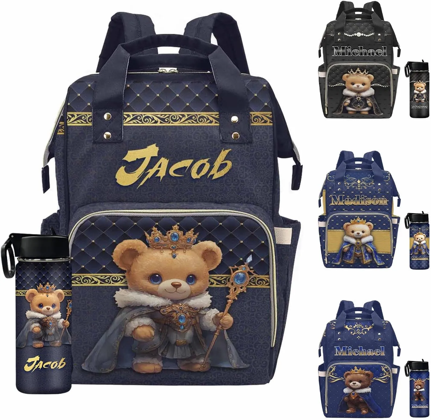 Personalized Diaper Bag Backpack Noble Bear Blue Black Baby Bags with Name Waterproof Personalized Name Handbag Adjustable Shoulder Straps for Newborn Baby Boys Girls New Mom Dad