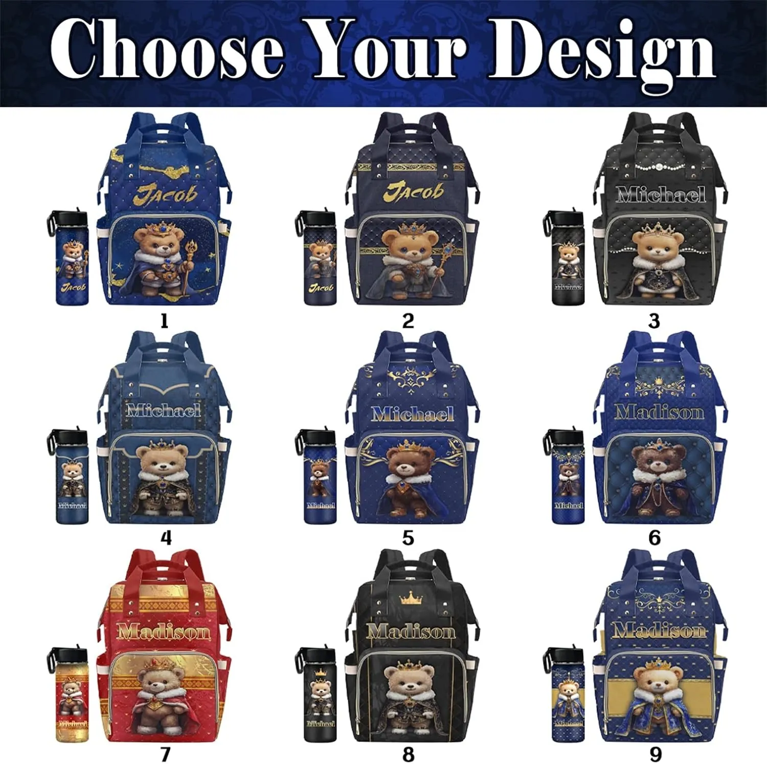 Personalized Diaper Bag Backpack Noble Bear Blue Black Baby Bags with Name Waterproof Personalized Name Handbag Adjustable Shoulder Straps for Newborn Baby Boys Girls New Mom Dad