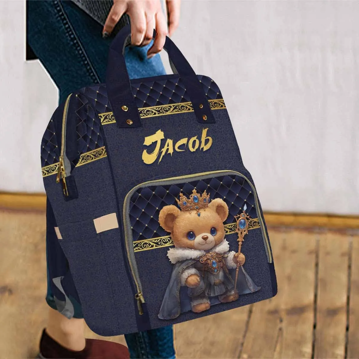Personalized Diaper Bag Backpack Noble Bear Blue Black Baby Bags with Name Waterproof Personalized Name Handbag Adjustable Shoulder Straps for Newborn Baby Boys Girls New Mom Dad