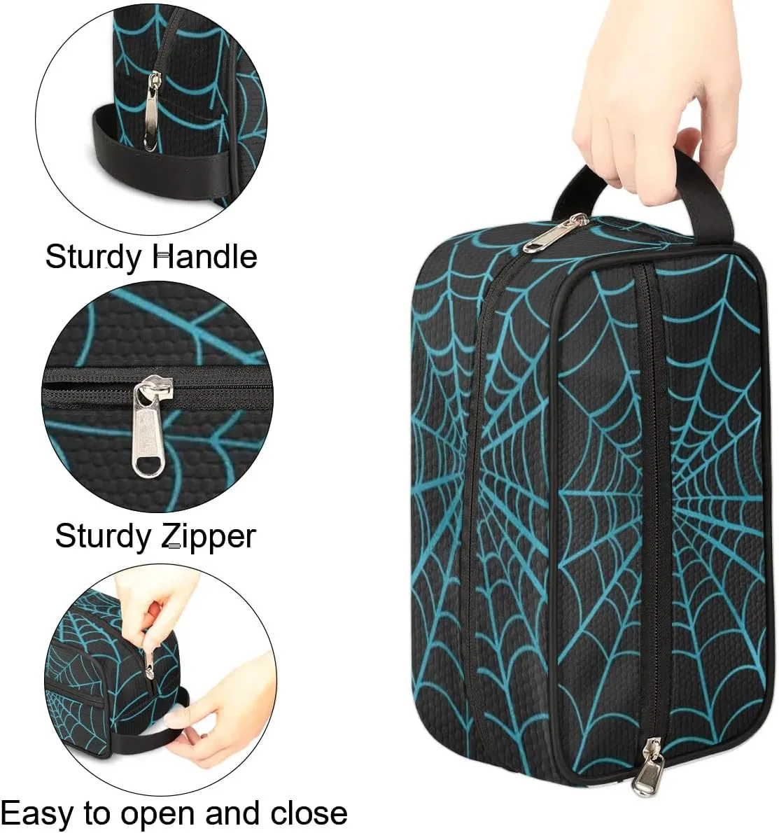 Personalized Gift Travel Makeup Bag Cosmetic Bag for Man Boy, Custom Shaving Bag Make Up Bag Organizer Toiletry Bag Christmas Birthday Gift for Boys Light Blue Spider Web