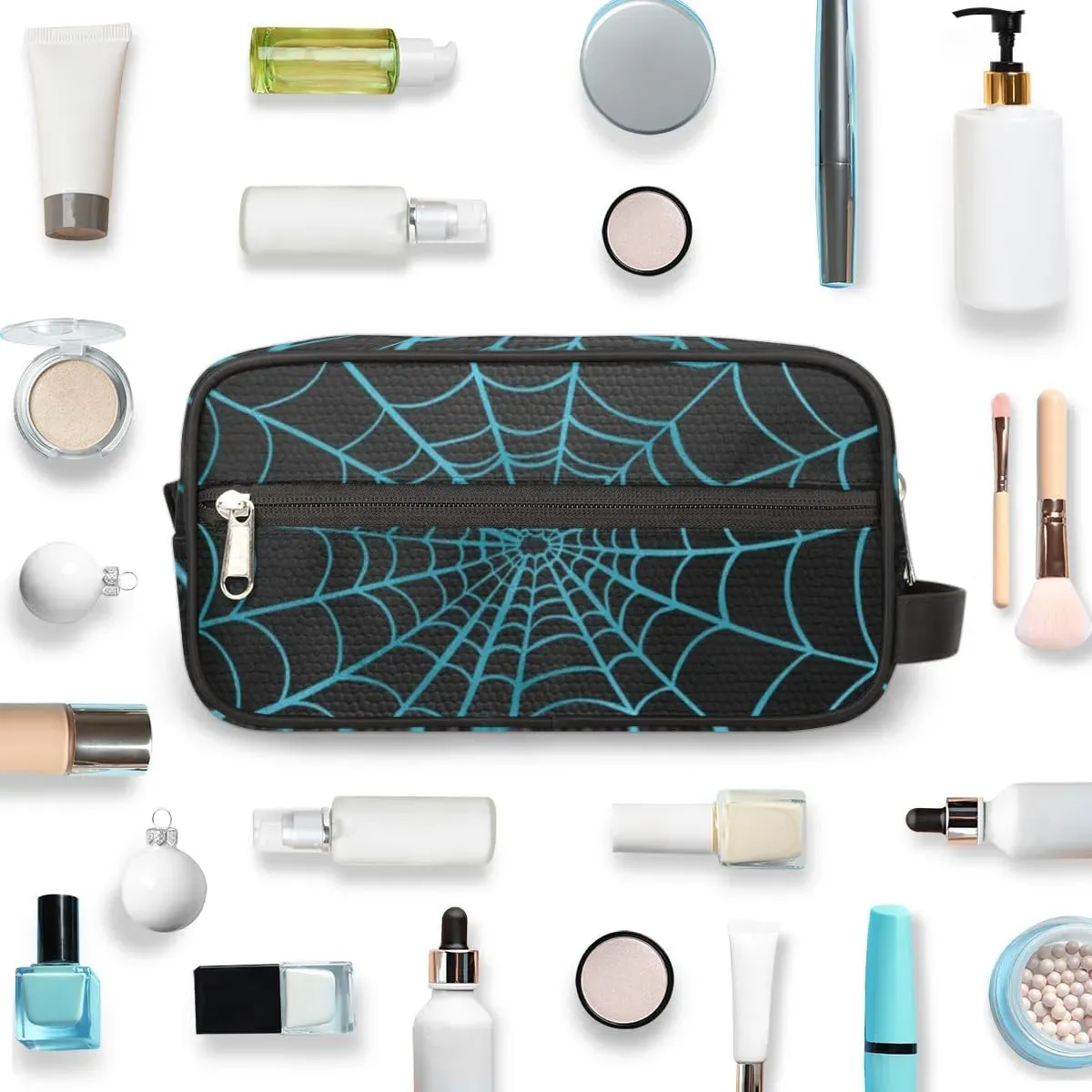 Personalized Gift Travel Makeup Bag Cosmetic Bag for Man Boy, Custom Shaving Bag Make Up Bag Organizer Toiletry Bag Christmas Birthday Gift for Boys Light Blue Spider Web