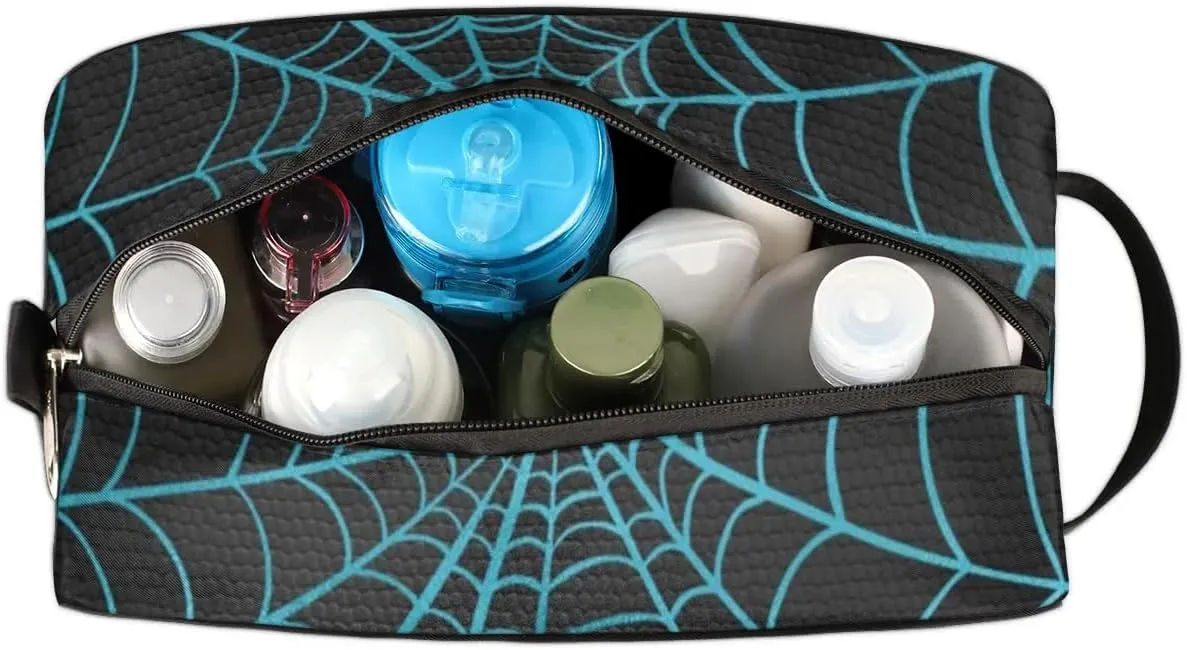 Personalized Gift Travel Makeup Bag Cosmetic Bag for Man Boy, Custom Shaving Bag Make Up Bag Organizer Toiletry Bag Christmas Birthday Gift for Boys Light Blue Spider Web