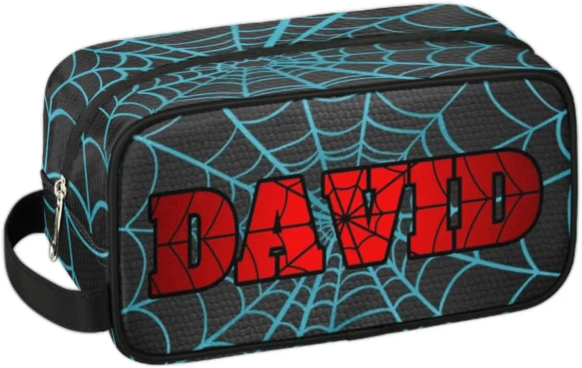 Personalized Gift Travel Makeup Bag Cosmetic Bag for Man Boy, Custom Shaving Bag Make Up Bag Organizer Toiletry Bag Christmas Birthday Gift for Boys Light Blue Spider Web