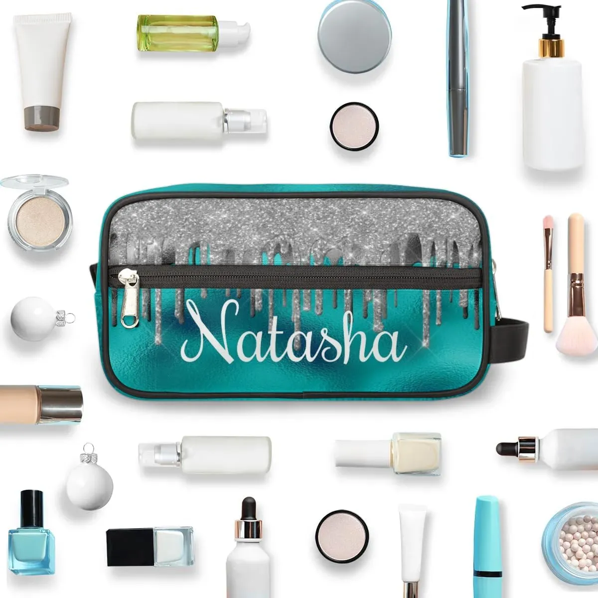 Personalized Gift Travel Makeup Bag for Women Girls, Cosmetic Bag Make Up Bag Organizer Toiletry Bag Christmas Birthday Mother's Day Gift Silver Glitter Drips