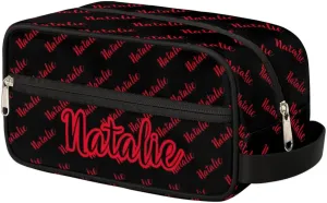 Personalized Gift Travel Makeup Bag for Women Man, Custom Cosmetic Bag Make Up Bag Organizer Toiletry Bag Christmas Birthday Gift for Girls Boys Name Black Red