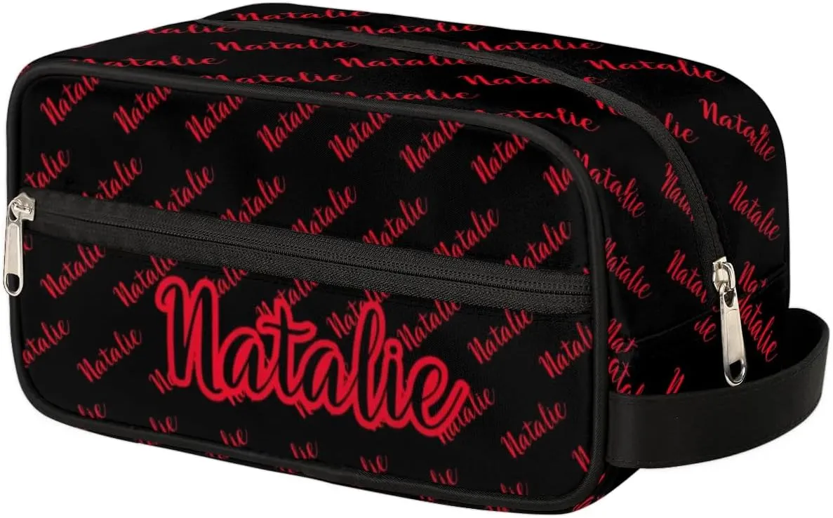 Personalized Gift Travel Makeup Bag for Women Man, Custom Cosmetic Bag Make Up Bag Organizer Toiletry Bag Christmas Birthday Gift for Girls Boys Name Black Red