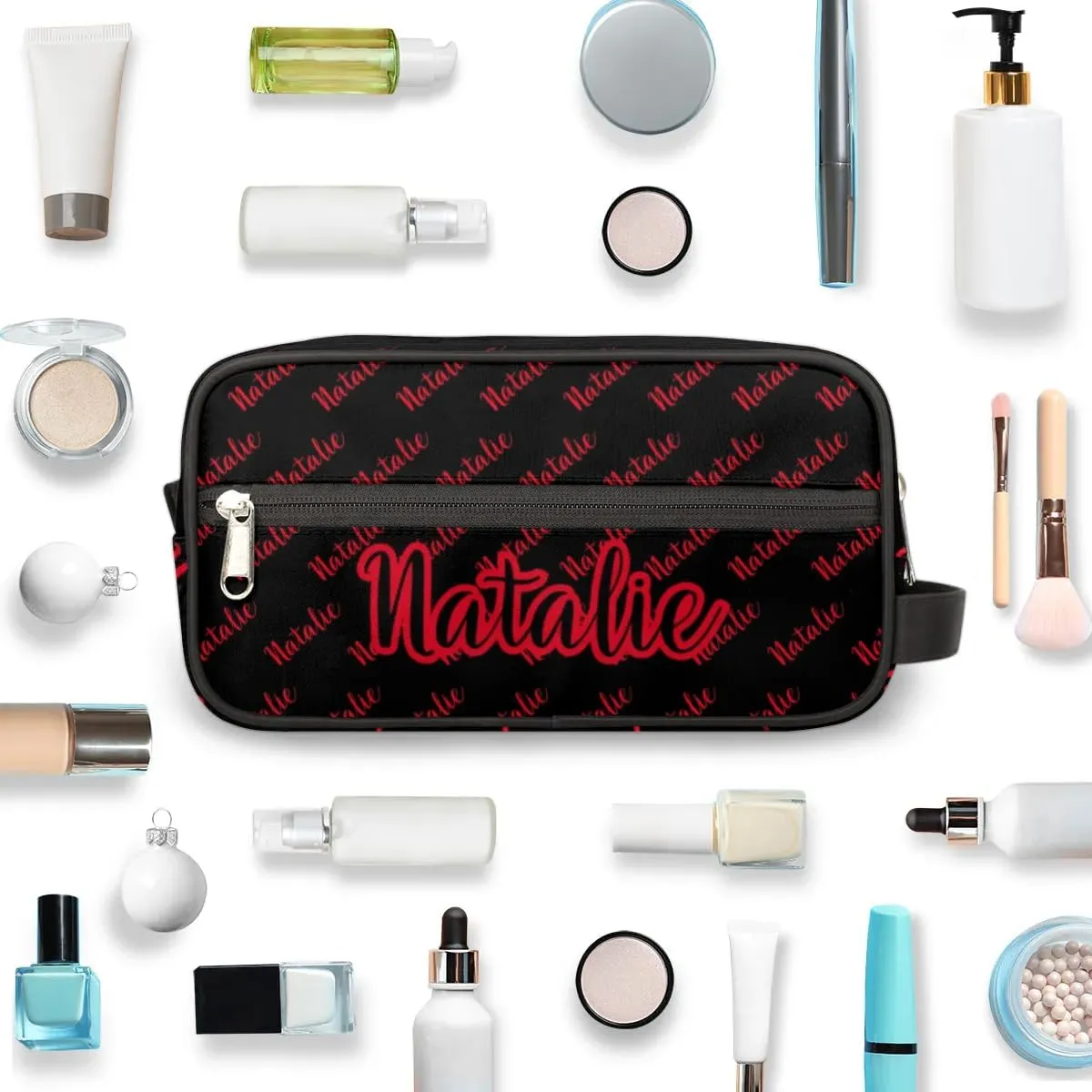 Personalized Gift Travel Makeup Bag for Women Man, Custom Cosmetic Bag Make Up Bag Organizer Toiletry Bag Christmas Birthday Gift for Girls Boys Name Black Red