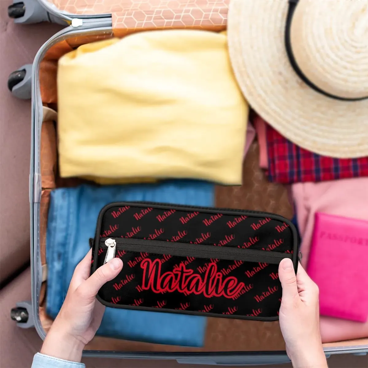Personalized Gift Travel Makeup Bag for Women Man, Custom Cosmetic Bag Make Up Bag Organizer Toiletry Bag Christmas Birthday Gift for Girls Boys Name Black Red