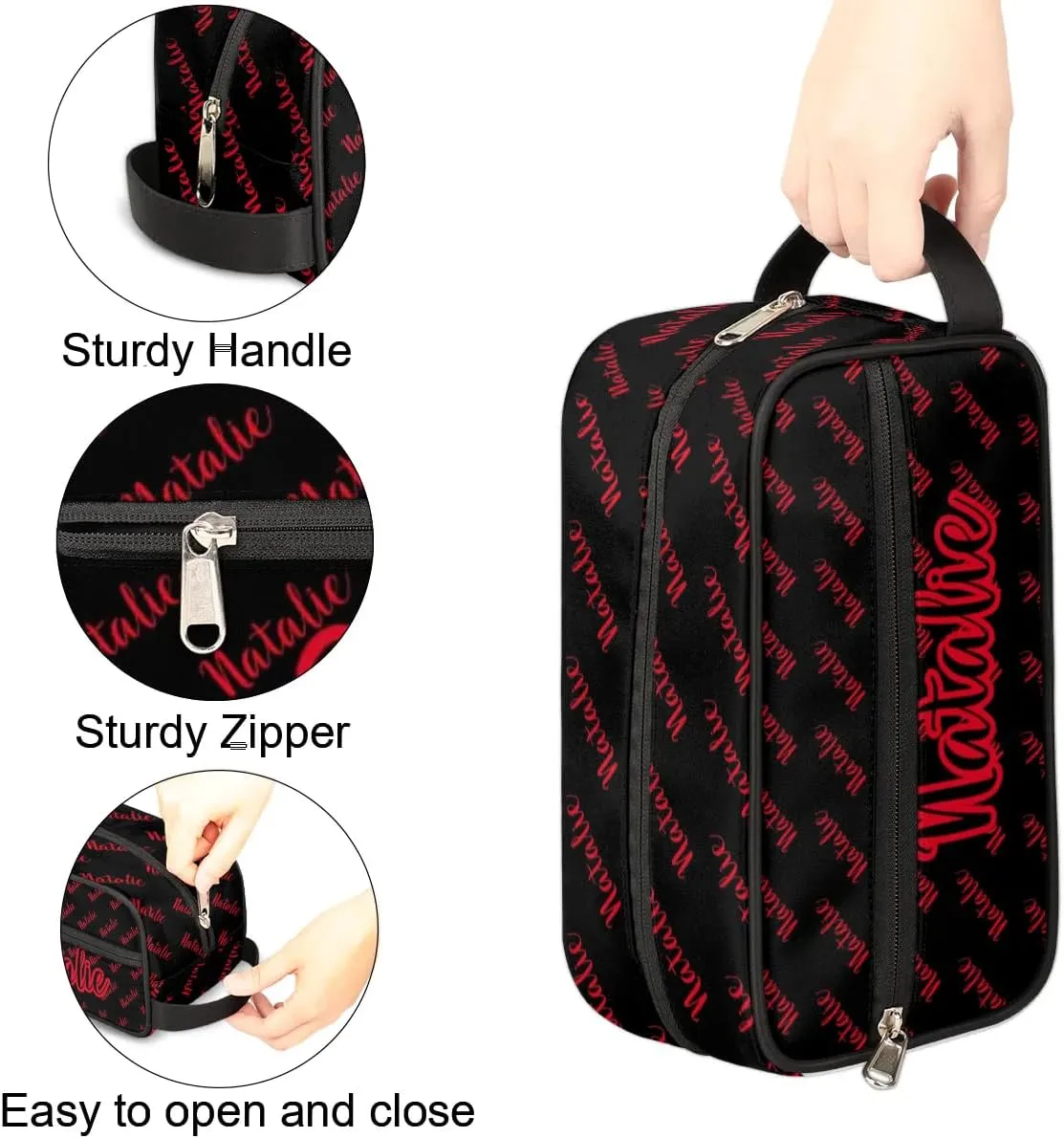 Personalized Gift Travel Makeup Bag for Women Man, Custom Cosmetic Bag Make Up Bag Organizer Toiletry Bag Christmas Birthday Gift for Girls Boys Name Black Red