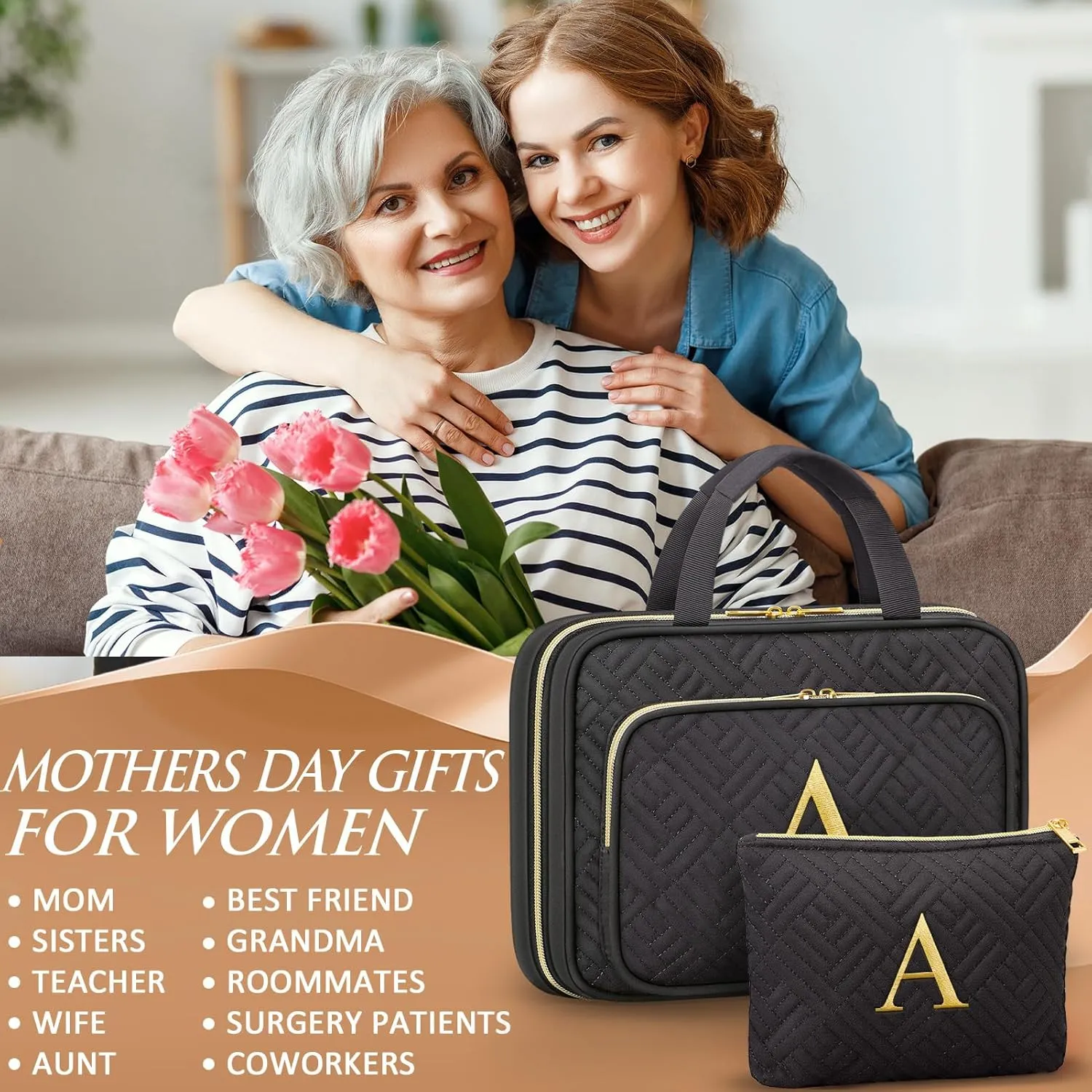 Personalized Gifts for Women, Initial Toiletry Bag Hanging Travel Organizer & Makeup Cosmetic Bag with Embroidery Letter Teacher Appreciation Gift Birthday Mothers Day Gifts for Mom Wife Friend Sister