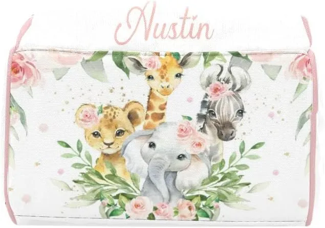 Personalized Jungle Animal Safari Pink Blush Floral Diaper Backpack with Name Text Large Capacity Custom Multi-Function Bag Unisex Travel for Mom Dad Boy Girl, 10.83'' L * 6.69'' W 15'' H