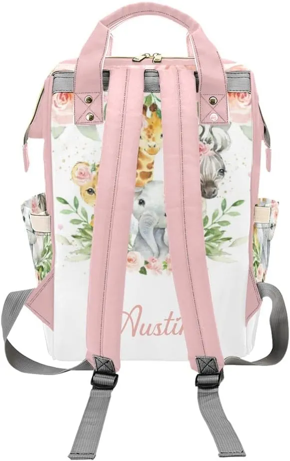 Personalized Jungle Animal Safari Pink Blush Floral Diaper Backpack with Name Text Large Capacity Custom Multi-Function Bag Unisex Travel for Mom Dad Boy Girl, 10.83'' L * 6.69'' W 15'' H