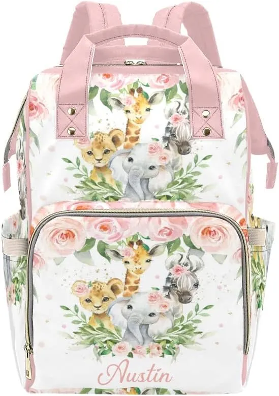 Personalized Jungle Animal Safari Pink Blush Floral Diaper Backpack with Name Text Large Capacity Custom Multi-Function Bag Unisex Travel for Mom Dad Boy Girl, 10.83'' L * 6.69'' W 15'' H
