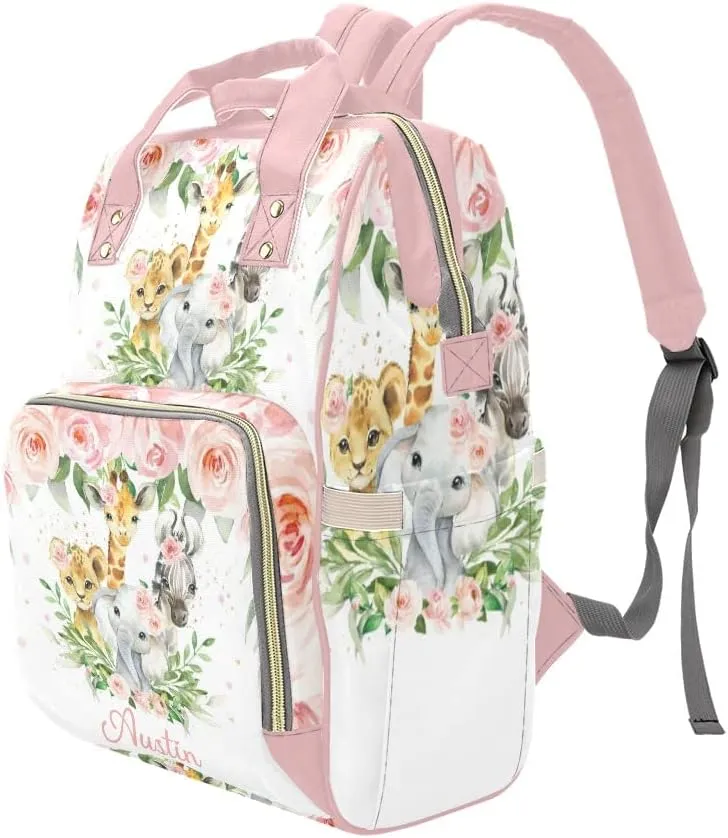 Personalized Jungle Animal Safari Pink Blush Floral Diaper Backpack with Name Text Large Capacity Custom Multi-Function Bag Unisex Travel for Mom Dad Boy Girl, 10.83'' L * 6.69'' W 15'' H