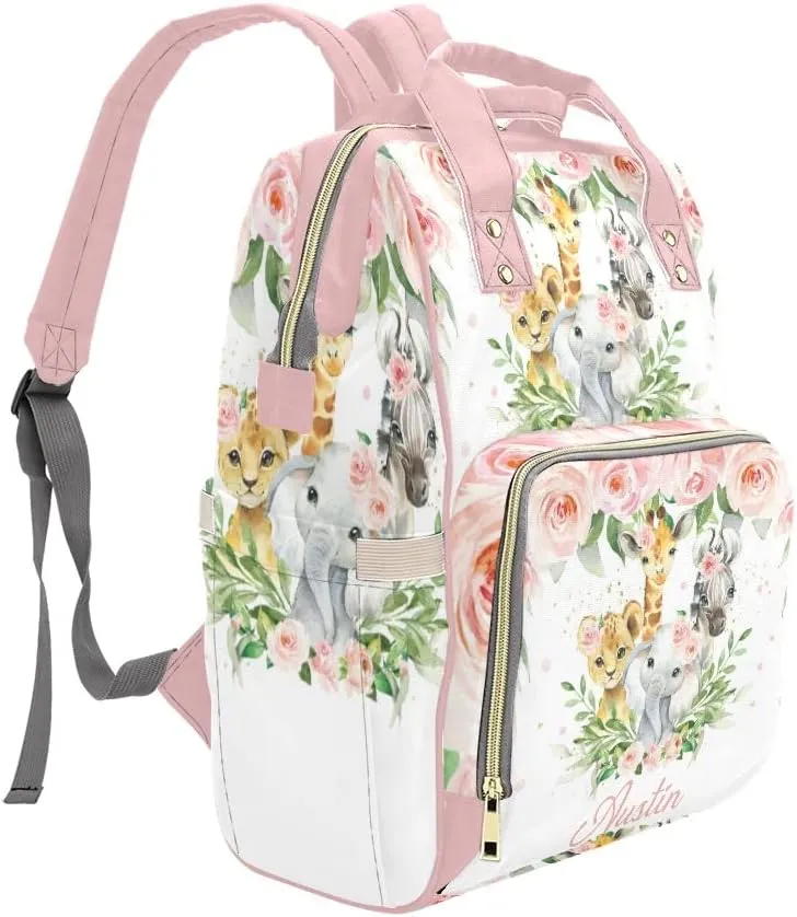 Personalized Jungle Animal Safari Pink Blush Floral Diaper Backpack with Name Text Large Capacity Custom Multi-Function Bag Unisex Travel for Mom Dad Boy Girl, 10.83'' L * 6.69'' W 15'' H