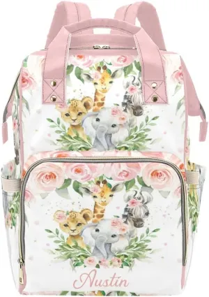 Personalized Jungle Animal Safari Pink Blush Floral Diaper Backpack with Name Text Large Capacity Custom Multi-Function Bag Unisex Travel for Mom Dad Boy Girl, 10.83'' L * 6.69'' W 15'' H