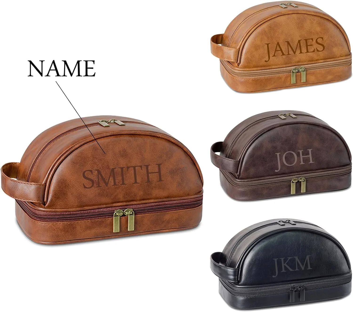 Personalized Leather Toiletry Bag, Custom Double Sided Dopp Kit, Large Capacity Leather Travel Dopp Kit, Custom Name Unique Gift, for Men, Boyfriend, Dad, Father's Day Gift (Black)