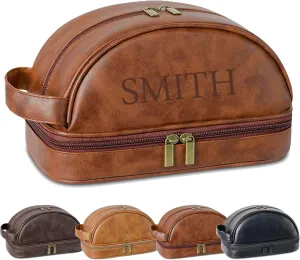 Personalized Leather Toiletry Bag, Custom Double Sided Dopp Kit, Large Capacity Leather Travel Dopp Kit, Custom Name Unique Gift, for Men, Boyfriend, Dad, Father's Day Gift (Reddish Brown)