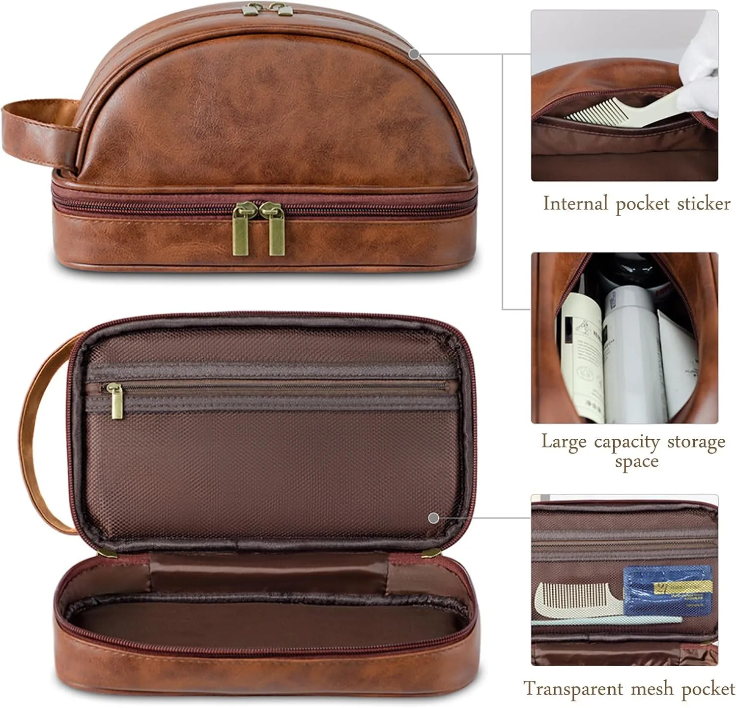 Personalized Leather Toiletry Bag, Custom Double Sided Dopp Kit, Large Capacity Leather Travel Dopp Kit, Custom Name Unique Gift, for Men, Boyfriend, Dad, Father's Day Gift (Reddish Brown)