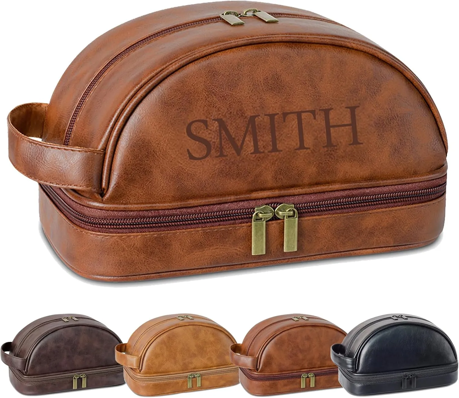 Personalized Leather Toiletry Bag, Custom Double Sided Dopp Kit, Large Capacity Leather Travel Dopp Kit, Custom Name Unique Gift, for Men, Boyfriend, Dad, Father's Day Gift (Reddish Brown)
