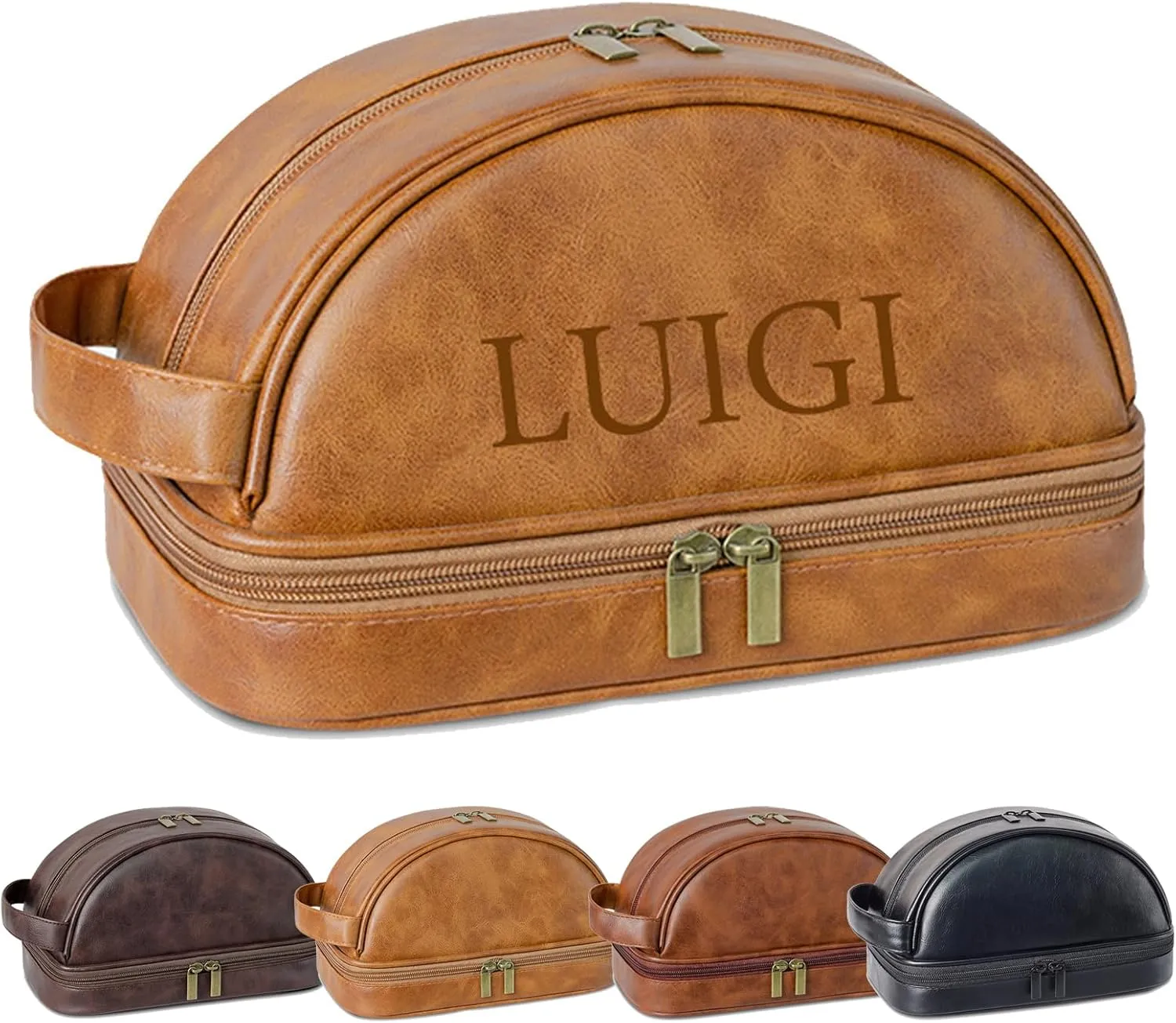 Personalized Leather Toiletry Bag, Custom Double Sided Dopp Kit, Large Capacity Leather Travel Dopp Kit, Custom Name Unique Gift, for Men, Boyfriend, Dad, Father's Day Gift (Yellowish Brown)