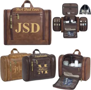 Personalized Toiletry Bag For Men, Large Capacity Travel Doop Kit, Vintage Color PU Leather, Custom Name Initials, Gifts for Dad, Husband, Boyfriend, Groomsmen, Birthday (Style 4)